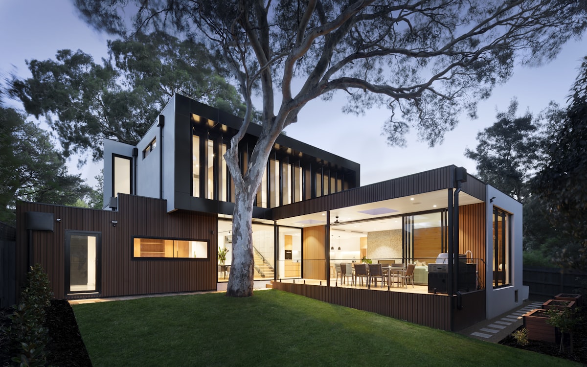 Beautifully remodeled modern home at dusk